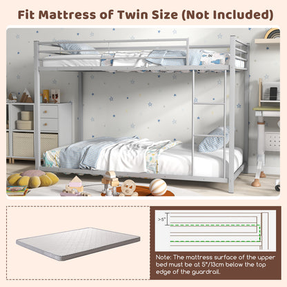 Durable Low Profile Twin Over Twin Metal Bunk Bed with Safety Guardrails - Silver