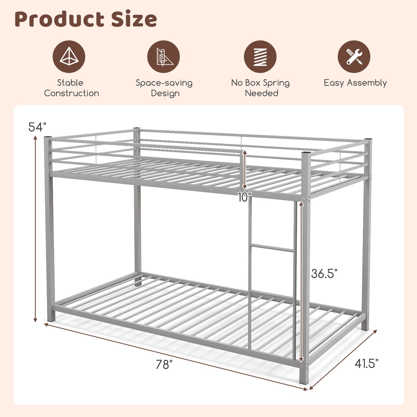 Durable Low Profile Twin Over Twin Metal Bunk Bed with Safety Guardrails - Silver