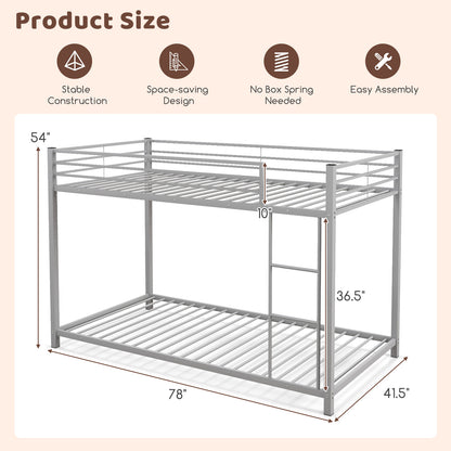 Durable Low Profile Twin Over Twin Metal Bunk Bed with Safety Guardrails - Silver