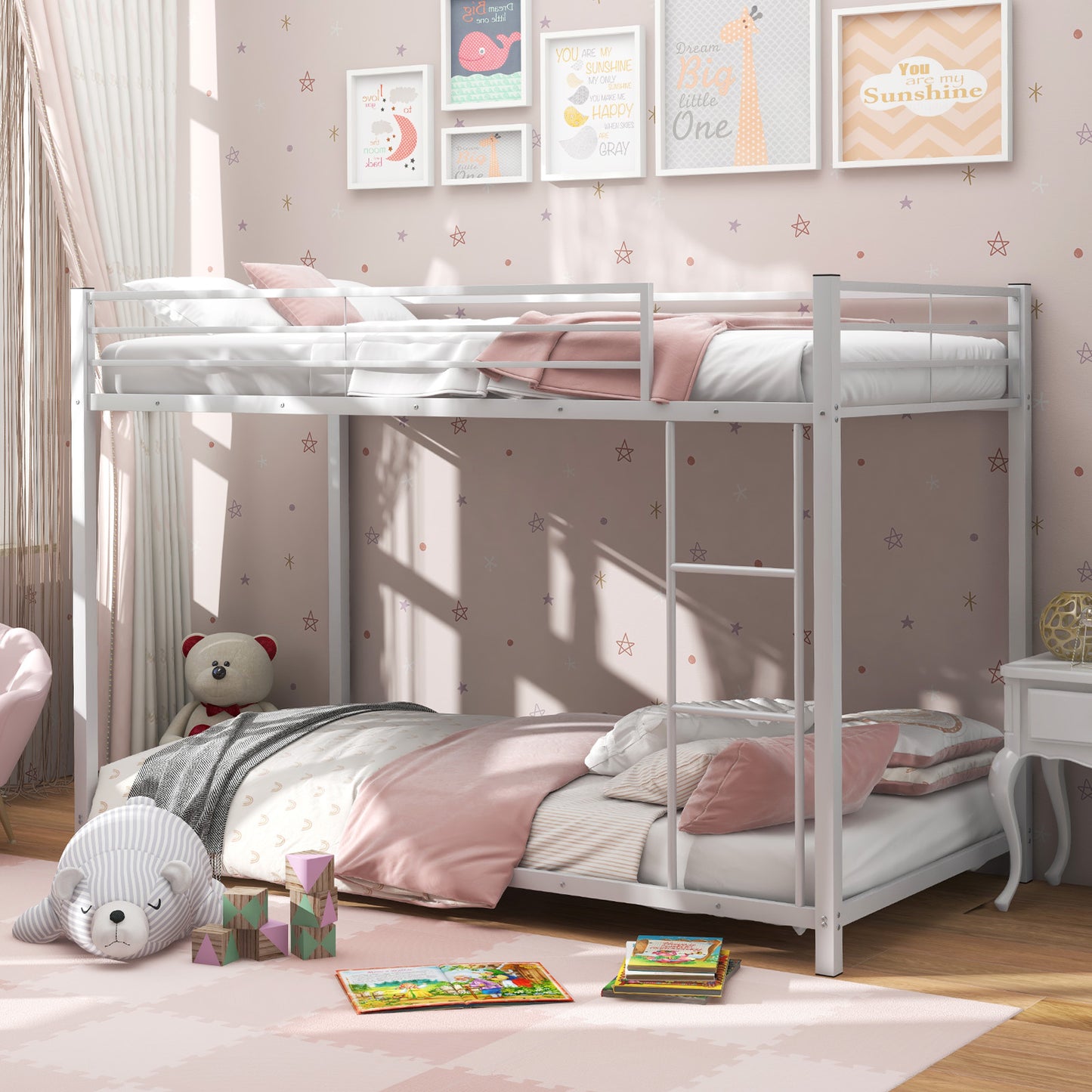 Durable Low Profile Twin Over Twin Metal Bunk Bed with Safety Guardrails - White