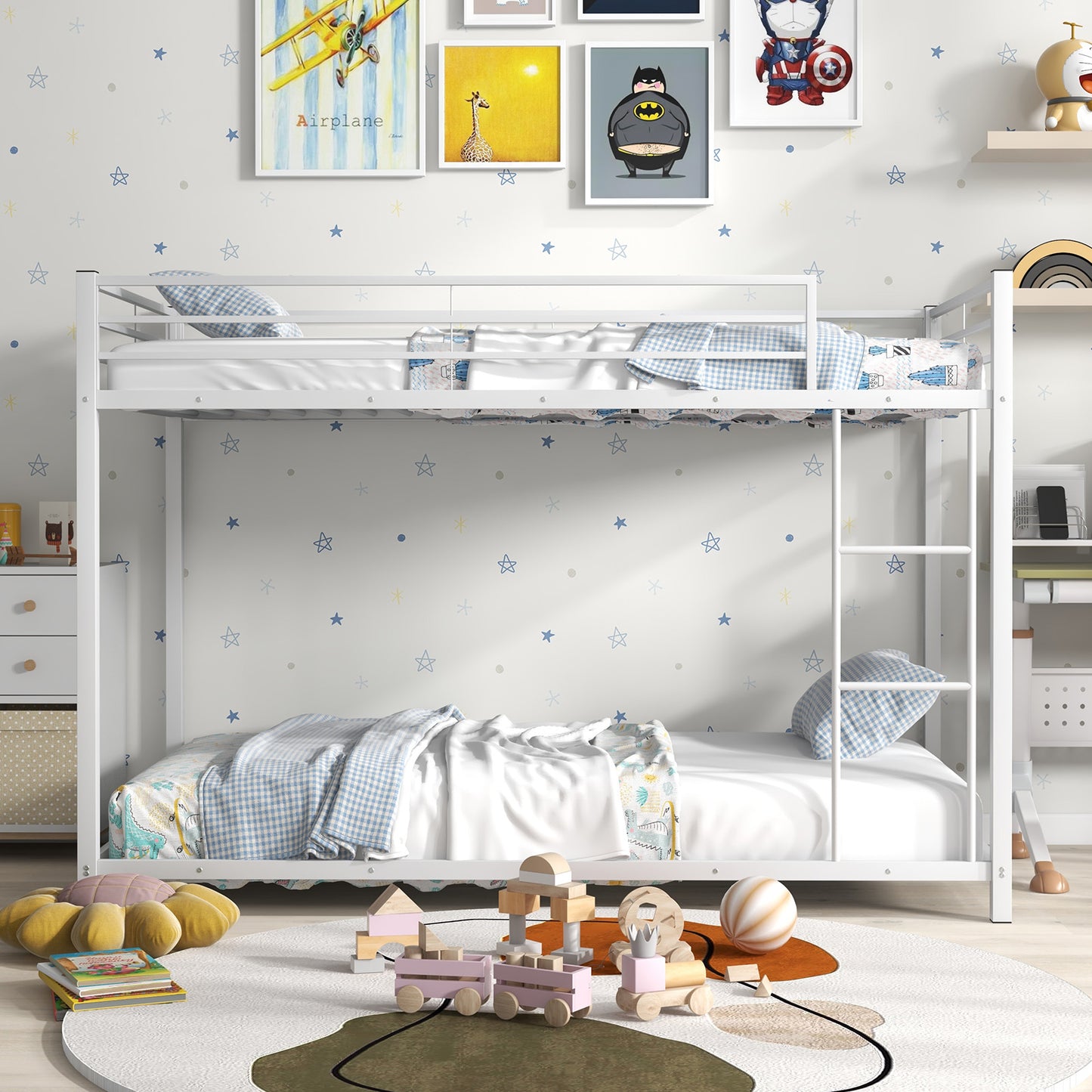 Durable Low Profile Twin Over Twin Metal Bunk Bed with Safety Guardrails - White