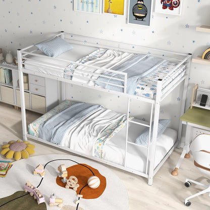 Durable Low Profile Twin Over Twin Metal Bunk Bed with Safety Guardrails - White