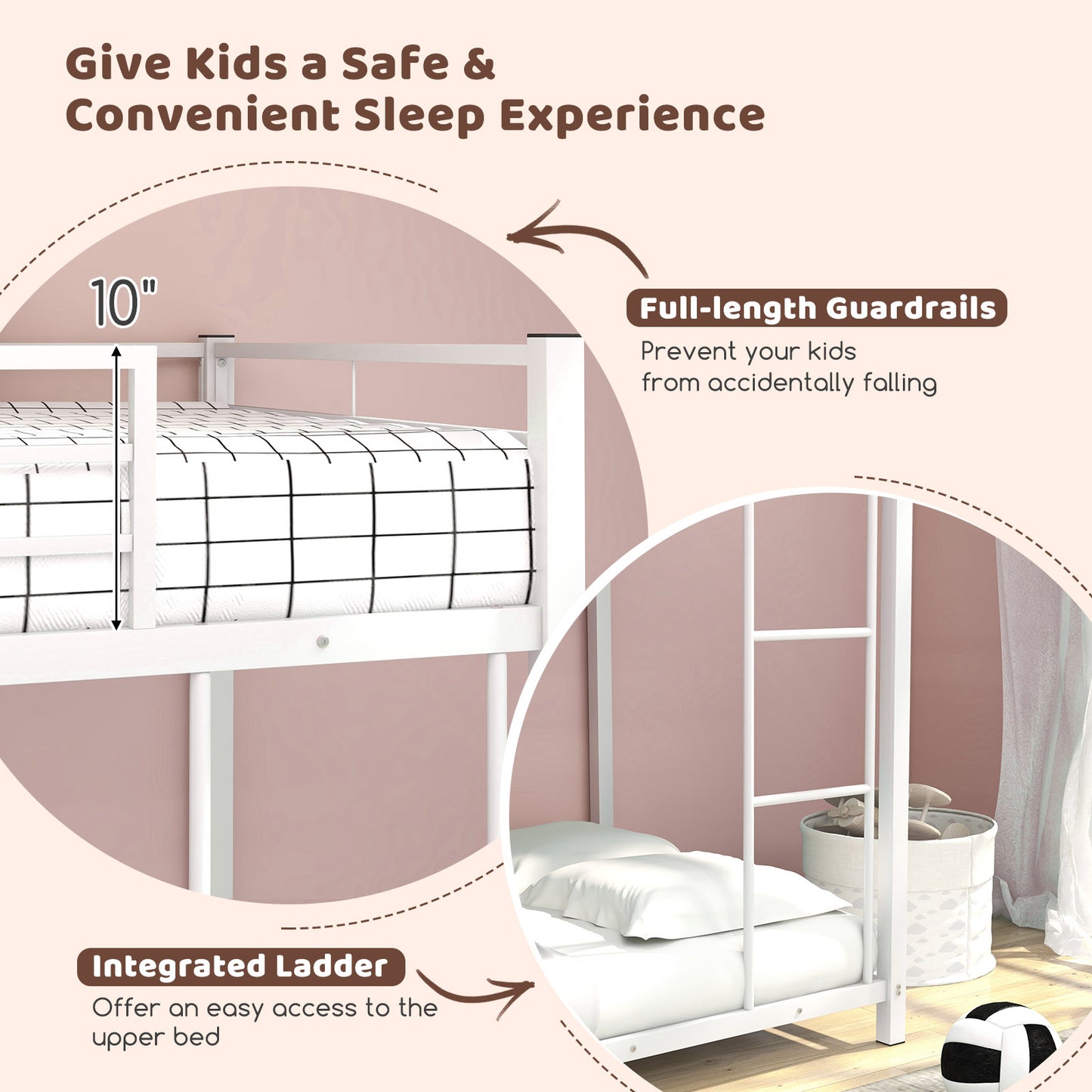 Durable Low Profile Twin Over Twin Metal Bunk Bed with Safety Guardrails - White