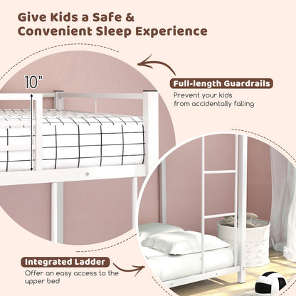 Durable Low Profile Twin Over Twin Metal Bunk Bed with Safety Guardrails - White