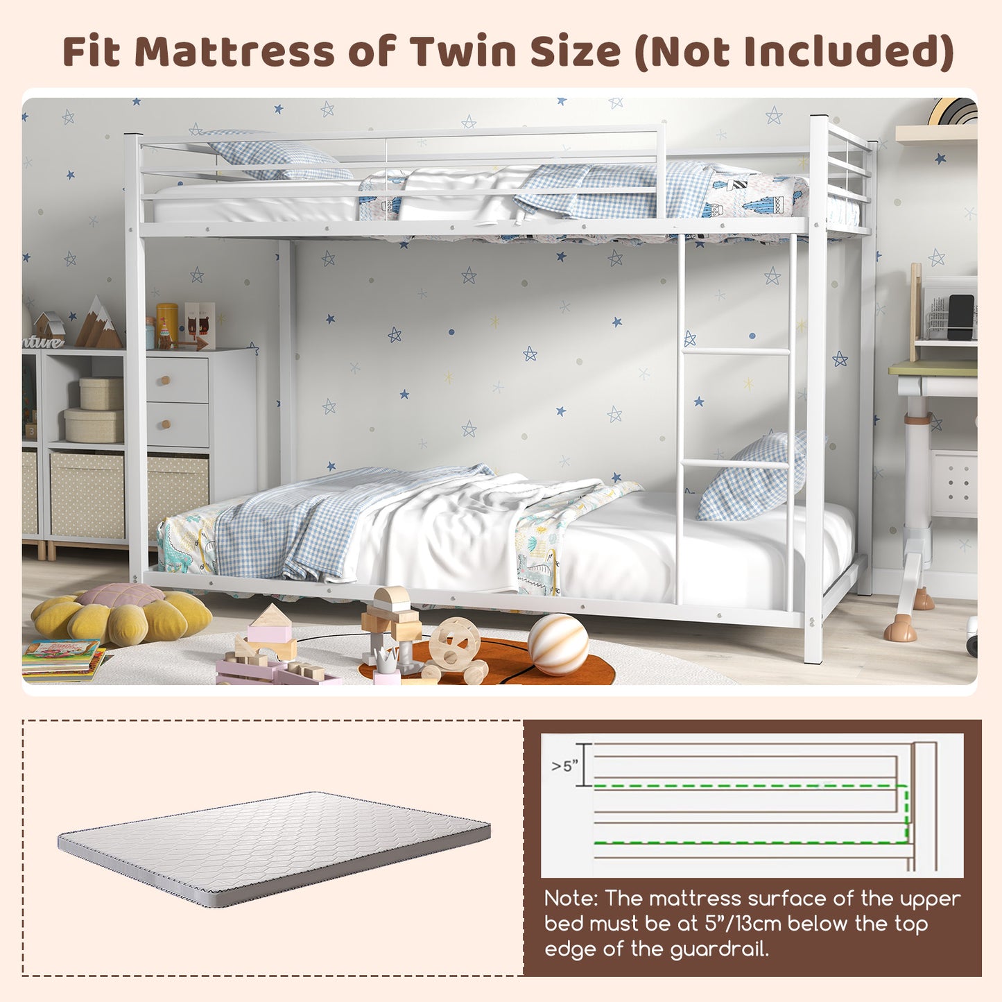 Durable Low Profile Twin Over Twin Metal Bunk Bed with Safety Guardrails - White