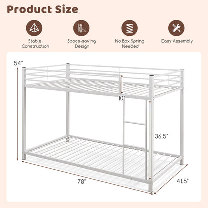 Durable Low Profile Twin Over Twin Metal Bunk Bed with Safety Guardrails - White