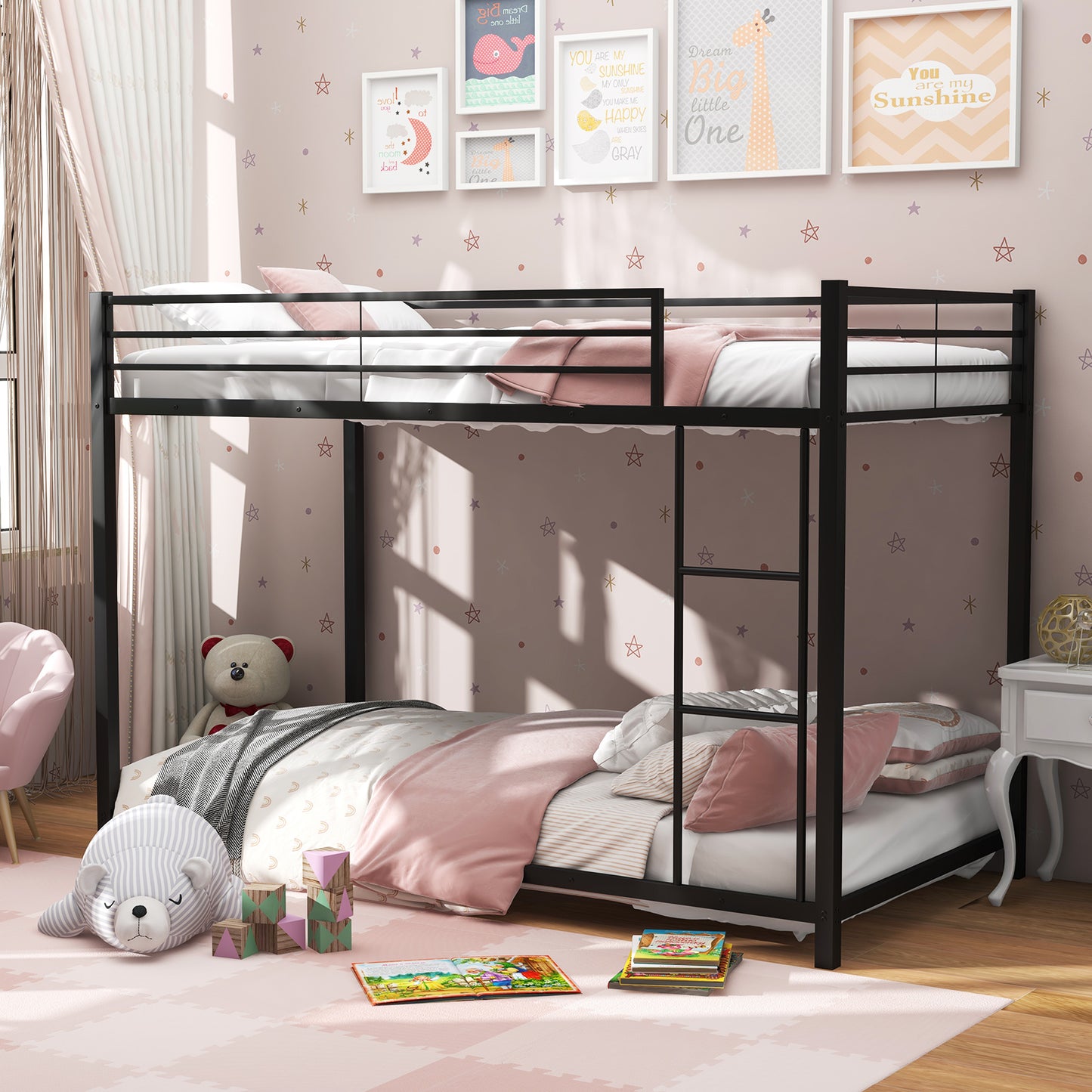 Durable Low Profile Twin Over Twin Metal Bunk Bed with Safety Guardrails - Black