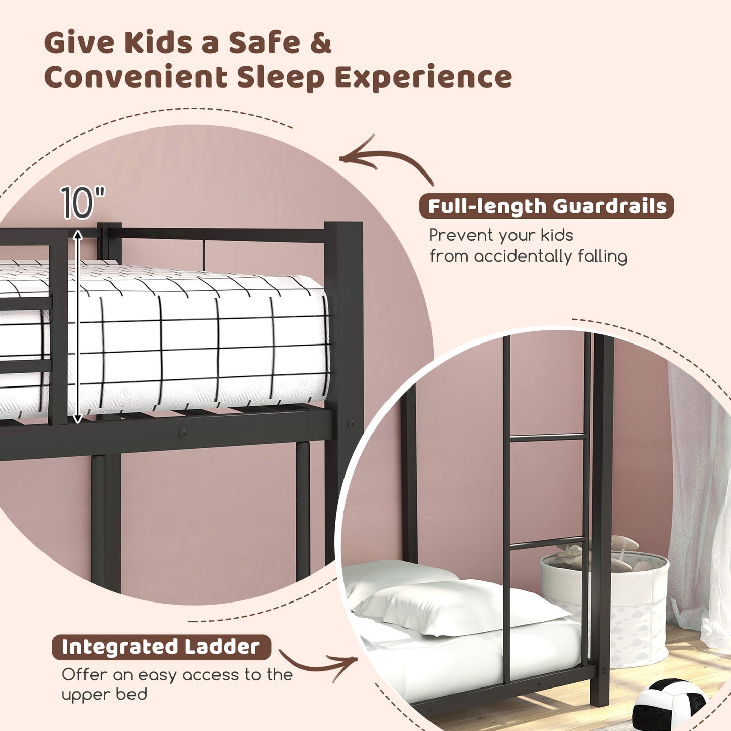 Durable Low Profile Twin Over Twin Metal Bunk Bed with Safety Guardrails - Black