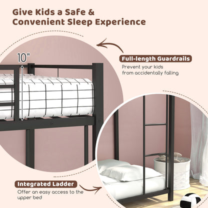 Durable Low Profile Twin Over Twin Metal Bunk Bed with Safety Guardrails - Black