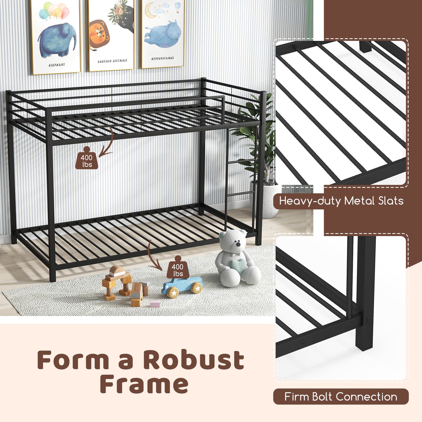 Durable Low Profile Twin Over Twin Metal Bunk Bed with Safety Guardrails - Black