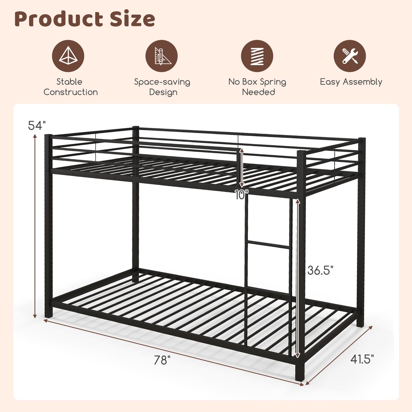 Durable Low Profile Twin Over Twin Metal Bunk Bed with Safety Guardrails - Black
