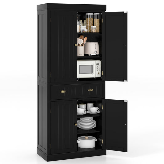 4 Door Freestanding Pantry Cabinet with Adjustable Shelves, Large Drawer, and Modern Design - Black