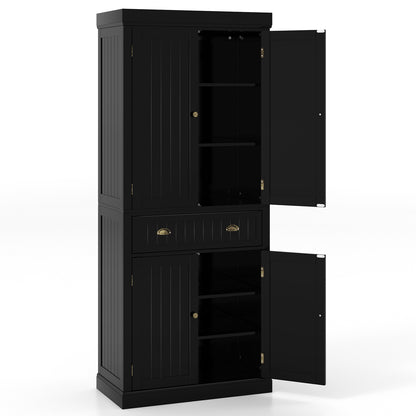4 Door Freestanding Pantry Cabinet with Adjustable Shelves, Large Drawer, and Modern Design - Black