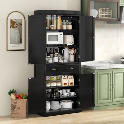 4 Door Freestanding Pantry Cabinet with Adjustable Shelves, Large Drawer, and Modern Design - Black