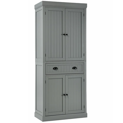 4 Door Freestanding Pantry Cabinet with Adjustable Shelves, Large Drawer, and Modern Design - Grey