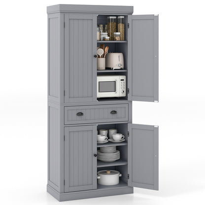 4 Door Freestanding Pantry Cabinet with Adjustable Shelves, Large Drawer, and Modern Design - Grey