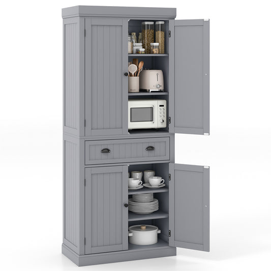 4 Door Freestanding Pantry Cabinet with Adjustable Shelves, Large Drawer, and Modern Design - Grey