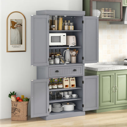 4 Door Freestanding Pantry Cabinet with Adjustable Shelves, Large Drawer, and Modern Design - Grey