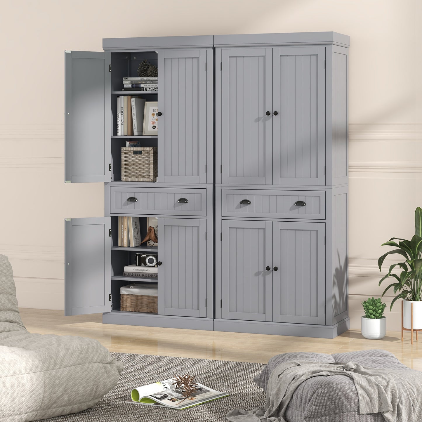 4 Door Freestanding Pantry Cabinet with Adjustable Shelves, Large Drawer, and Modern Design - Grey