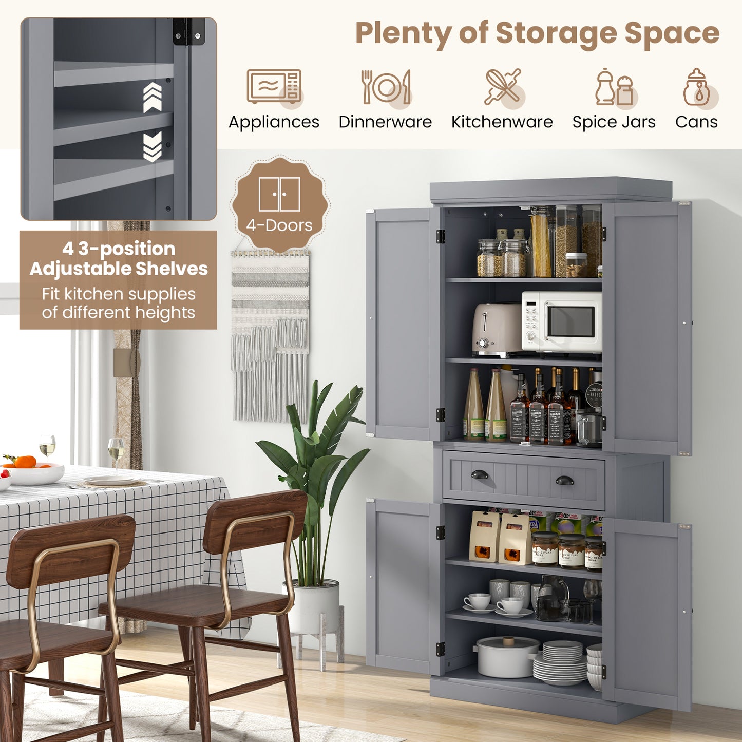 4 Door Freestanding Pantry Cabinet with Adjustable Shelves, Large Drawer, and Modern Design - Grey