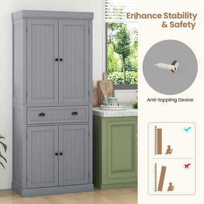 4 Door Freestanding Pantry Cabinet with Adjustable Shelves, Large Drawer, and Modern Design - Grey
