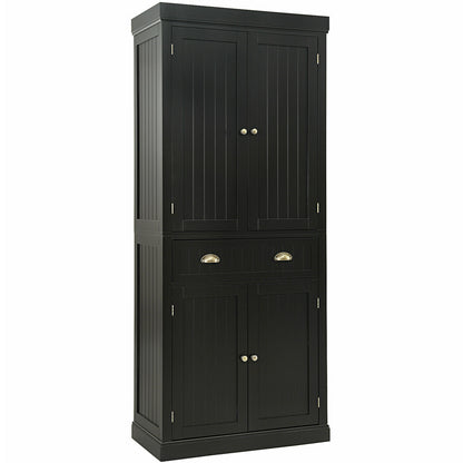 4 Door Freestanding Pantry Cabinet with Adjustable Shelves, Large Drawer, and Modern Design - Dark Brown