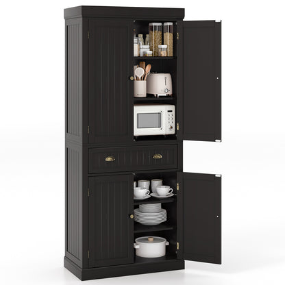 4 Door Freestanding Pantry Cabinet with Adjustable Shelves, Large Drawer, and Modern Design - Dark Brown