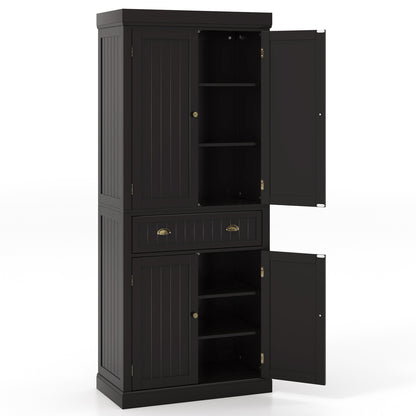 4 Door Freestanding Pantry Cabinet with Adjustable Shelves, Large Drawer, and Modern Design - Dark Brown