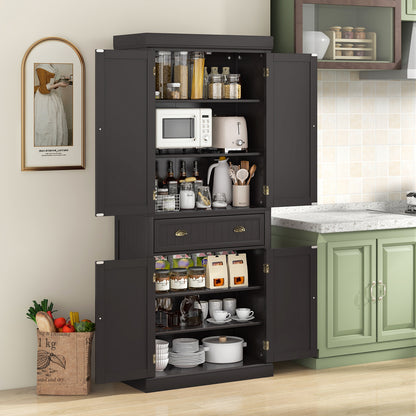 4 Door Freestanding Pantry Cabinet with Adjustable Shelves, Large Drawer, and Modern Design - Dark Brown