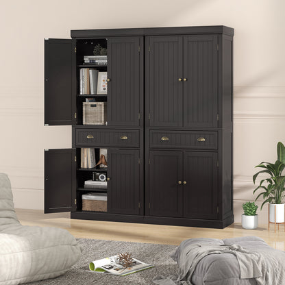 4 Door Freestanding Pantry Cabinet with Adjustable Shelves, Large Drawer, and Modern Design - Dark Brown