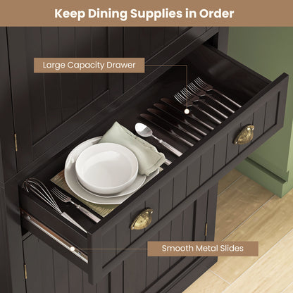 4 Door Freestanding Pantry Cabinet with Adjustable Shelves, Large Drawer, and Modern Design - Dark Brown