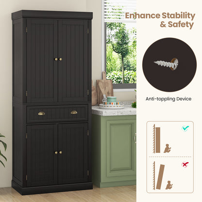 4 Door Freestanding Pantry Cabinet with Adjustable Shelves, Large Drawer, and Modern Design - Dark Brown
