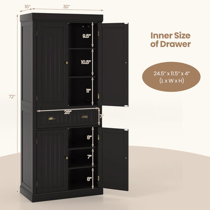 4 Door Freestanding Pantry Cabinet with Adjustable Shelves, Large Drawer, and Modern Design - Dark Brown