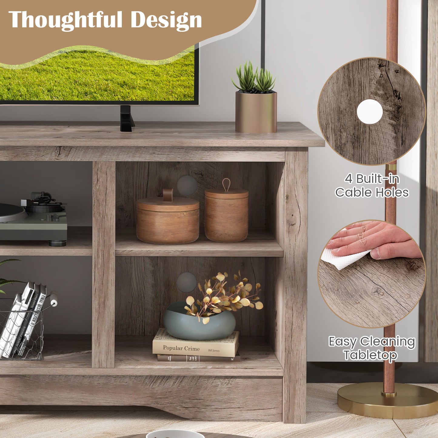 Entertainment Center with Adjustable Shelves for 65 Inch TVs and 18 Inch Fireplace Space - Grey