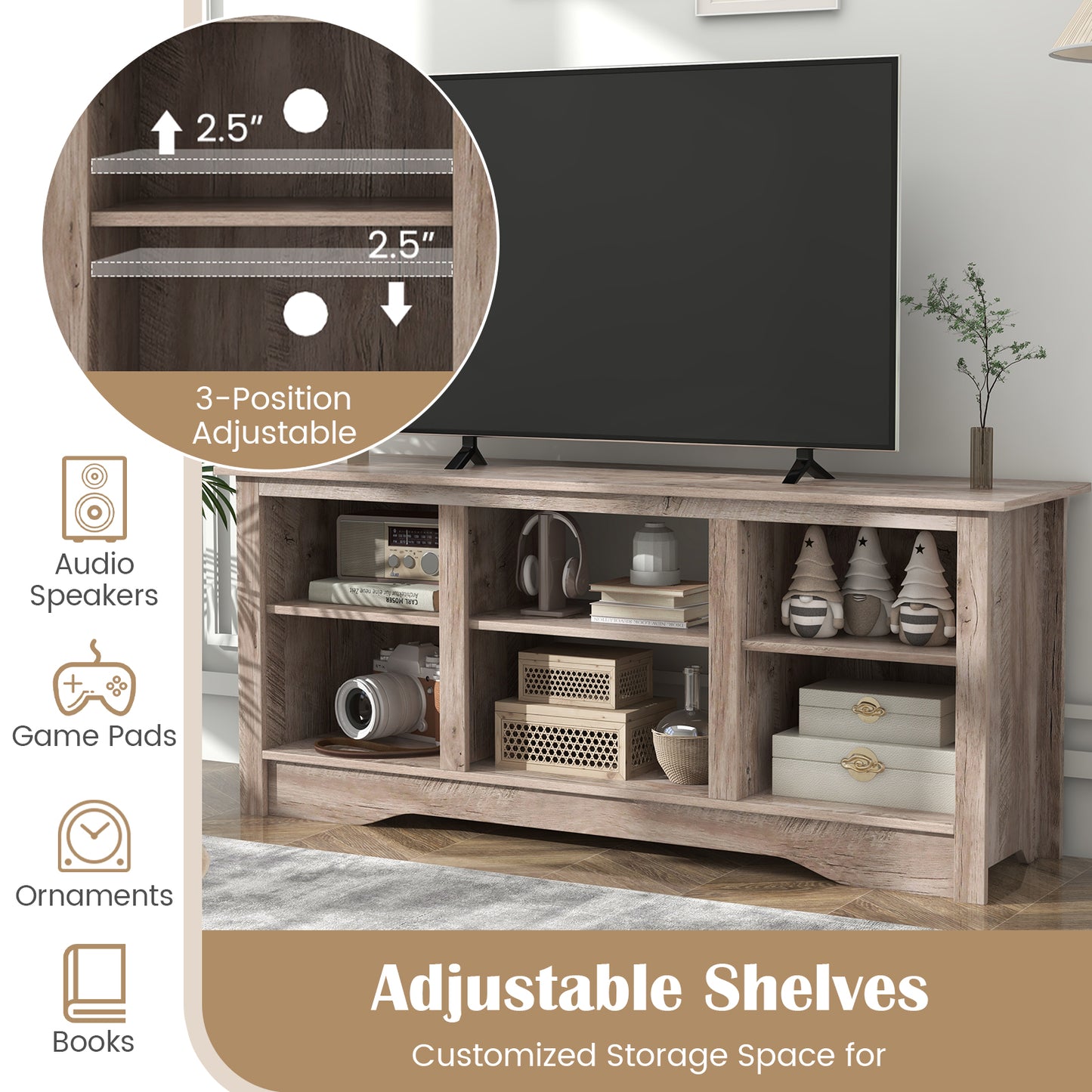 Entertainment Center with Adjustable Shelves for 65 Inch TVs and 18 Inch Fireplace Space - Grey