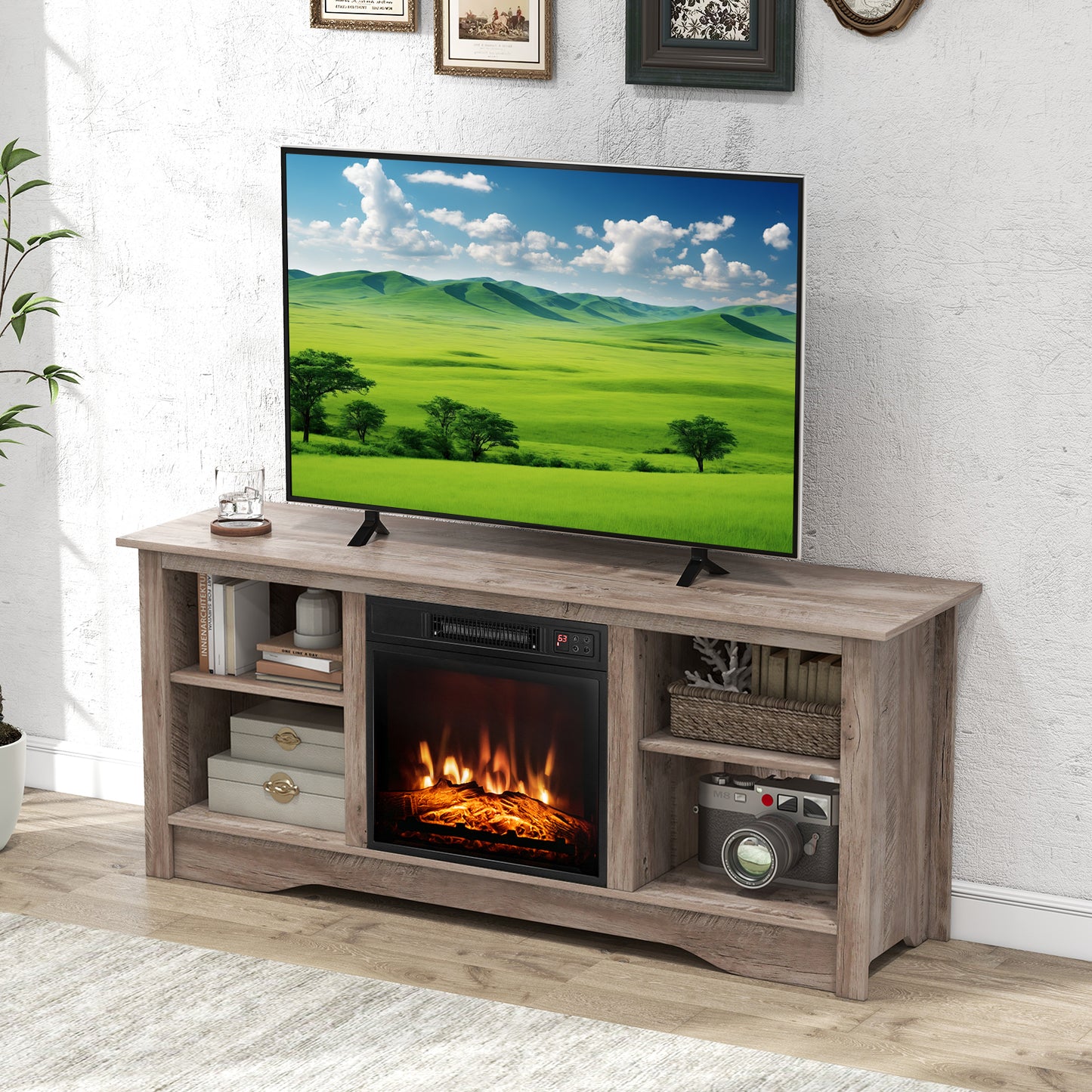 Entertainment Center with Adjustable Shelves for 65 Inch TVs and 18 Inch Fireplace Space - Grey