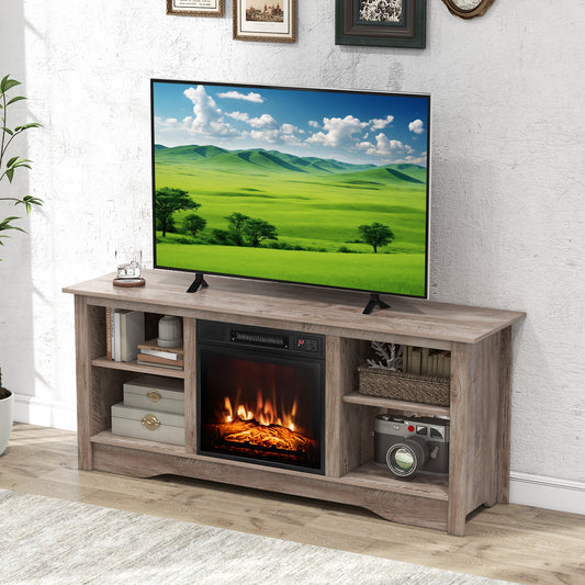 Entertainment Center with Adjustable Shelves for 65 Inch TVs and 18 Inch Fireplace Space - Grey