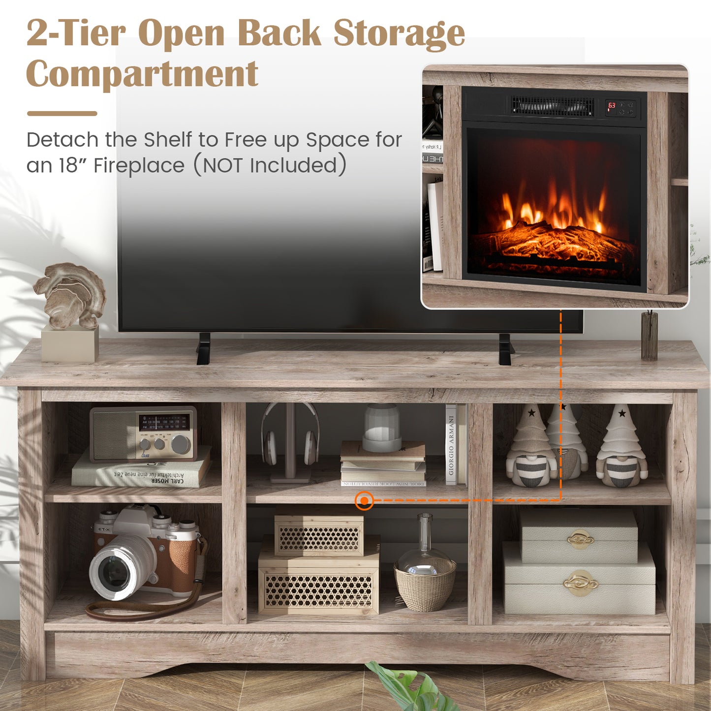 Entertainment Center with Adjustable Shelves for 65 Inch TVs and 18 Inch Fireplace Space - Grey