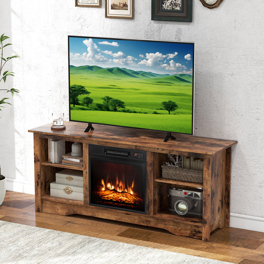 Entertainment Center with Adjustable Shelves for 65 Inch TVs and 18 Inch Fireplace Space - Rustic Brown