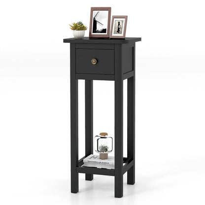 2-Tier Bedside Table with Drawer and Storage Shelf in Black Finish