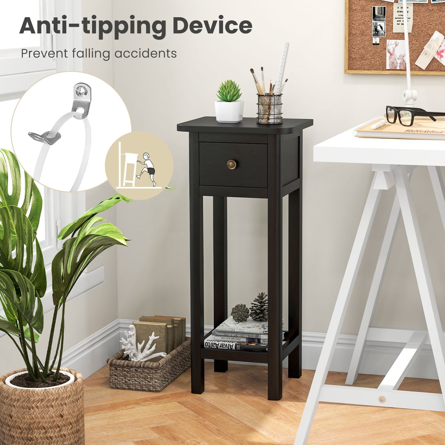 2-Tier Bedside Table with Drawer and Storage Shelf in Black Finish