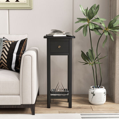 2-Tier Bedside Table with Drawer and Storage Shelf in Black Finish