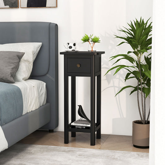 2-Tier Bedside Table with Drawer and Storage Shelf in Black Finish