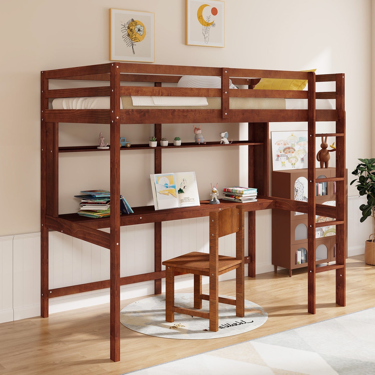 Space-Saving Twin Size Solid Wood Loft Bed with Slats and Safety Guardrails for Kids