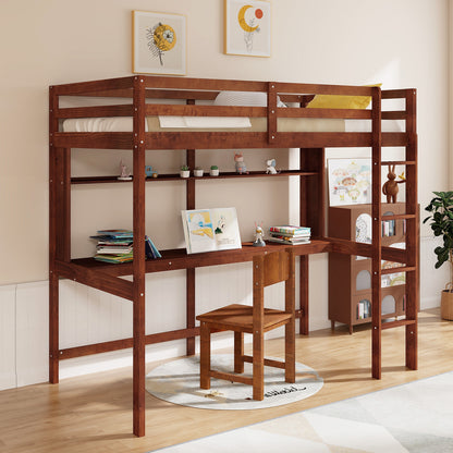 Space-Saving Twin Size Solid Wood Loft Bed with Slats and Safety Guardrails for Kids