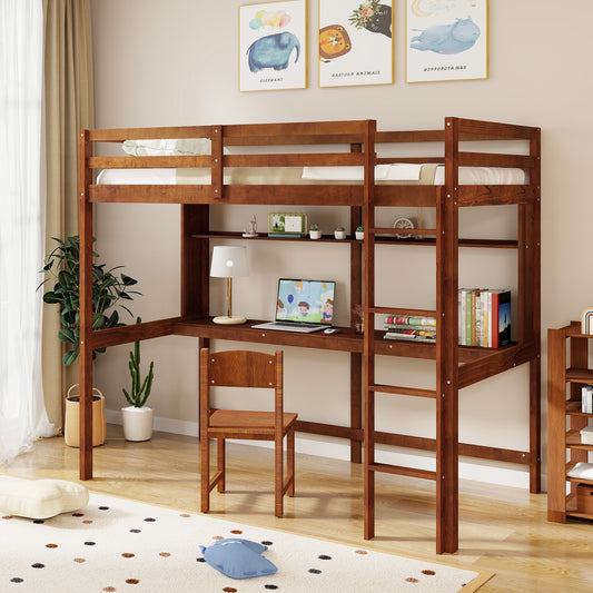 Space-Saving Twin Size Solid Wood Loft Bed with Slats and Safety Guardrails for Kids