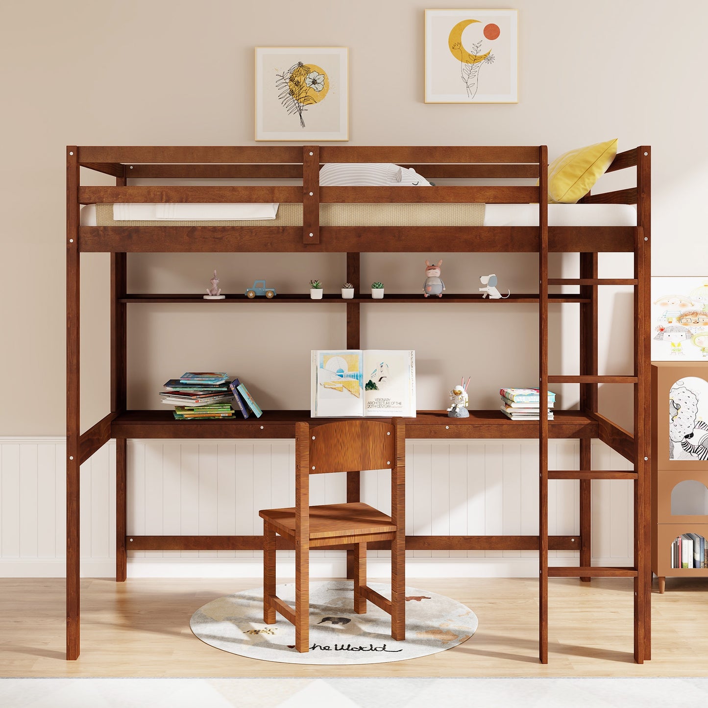 Space-Saving Twin Size Solid Wood Loft Bed with Slats and Safety Guardrails for Kids
