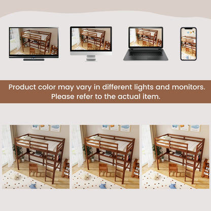 Space-Saving Twin Size Solid Wood Loft Bed with Slats and Safety Guardrails for Kids