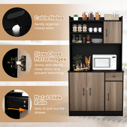 Freestanding Kitchen Pantry Cabinet with Hutch, 4 Doors and Adjustable Shelves - Black