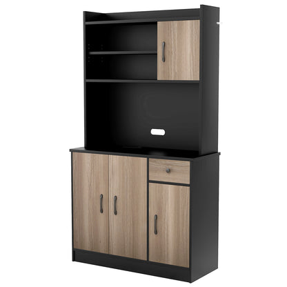Freestanding Kitchen Pantry Cabinet with Hutch, 4 Doors and Adjustable Shelves - Black
